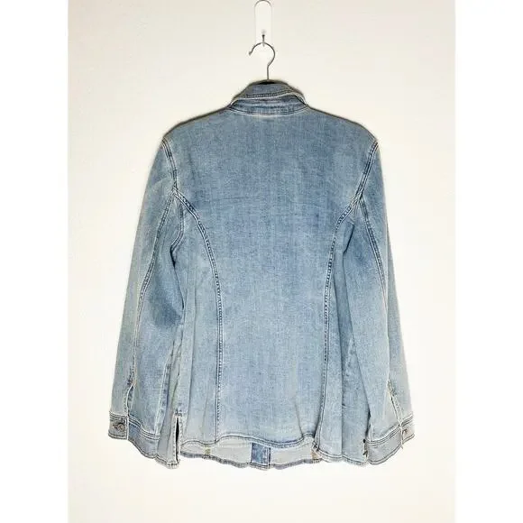 Chico's Womens Embroidered Floral Jean Jacket Shacket Stretch Welt/Chest Pockets